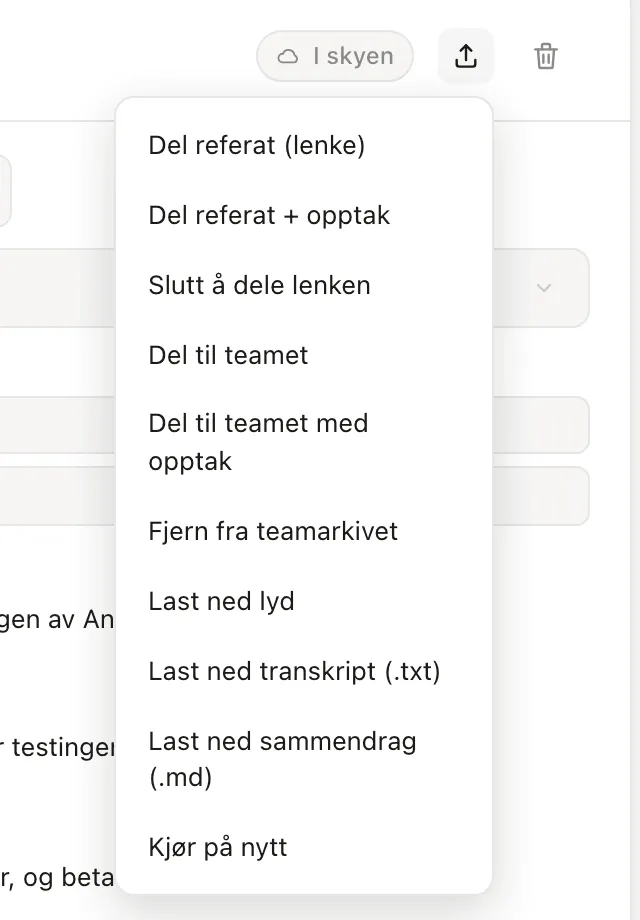 Eksportmenyen i dashbordet med valgene for deling og nedlasting
