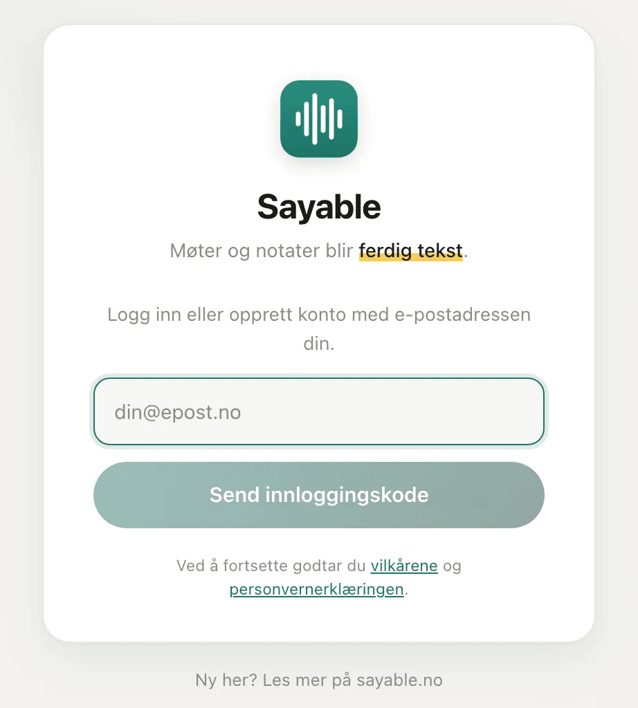 Innloggingssiden på app.sayable.no med feltet for e-postadresse og knappen Send innloggingskode