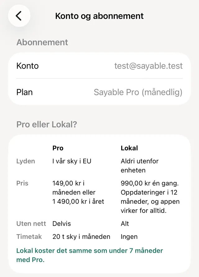 Konto og abonnement på iPhone med planen og sammenligningen av Pro og Lokal