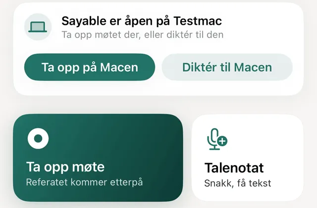 Hjem på iPhone med knappene Ta opp møte og Talenotat