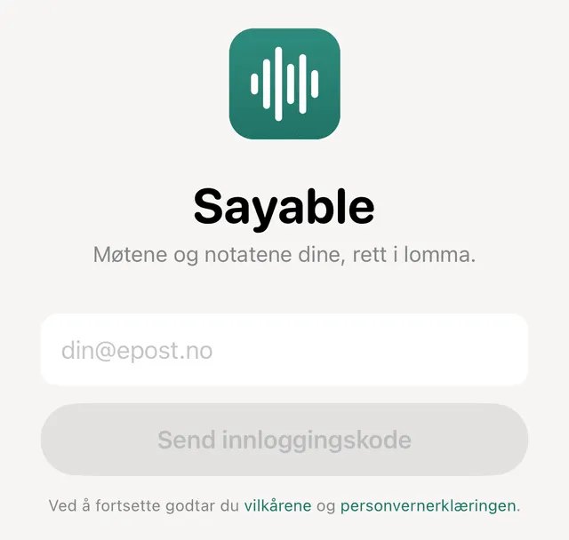Innloggingen i iPhone-appen med feltet for e-postadresse og knappen Send innloggingskode