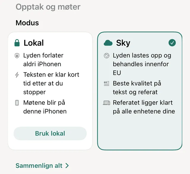 Modus under Konto på iPhone, med kortene Lokal og Sky side om side