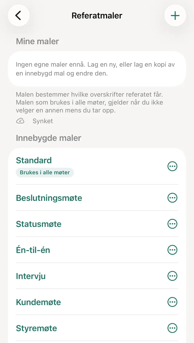 Referatmaler i iPhone-appen med Mine maler øverst og de innebygde malene under