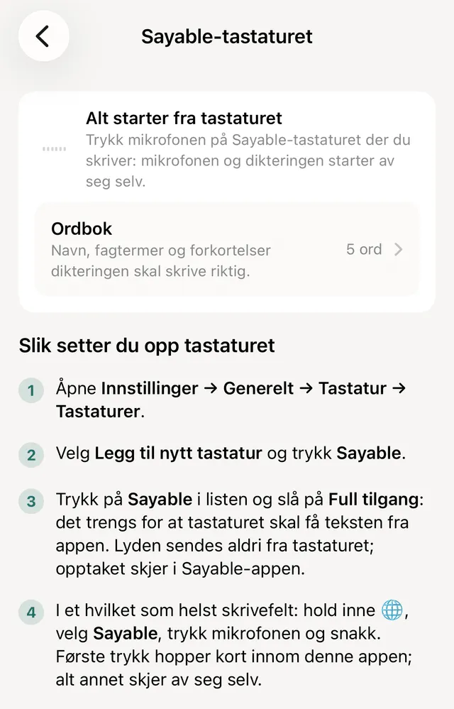 Siden Sayable-tastaturet i iPhone-appen med de fire stegene for å slå på tastaturet