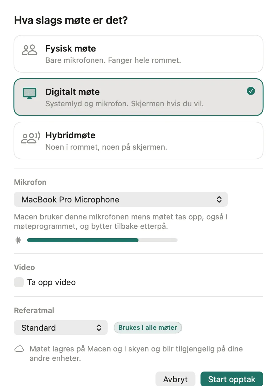 Arket for nytt møteopptak på Mac med valgene Fysisk møte, Digitalt møte og Hybridmøte, mikrofon, video, referatmal og knappen Start opptak