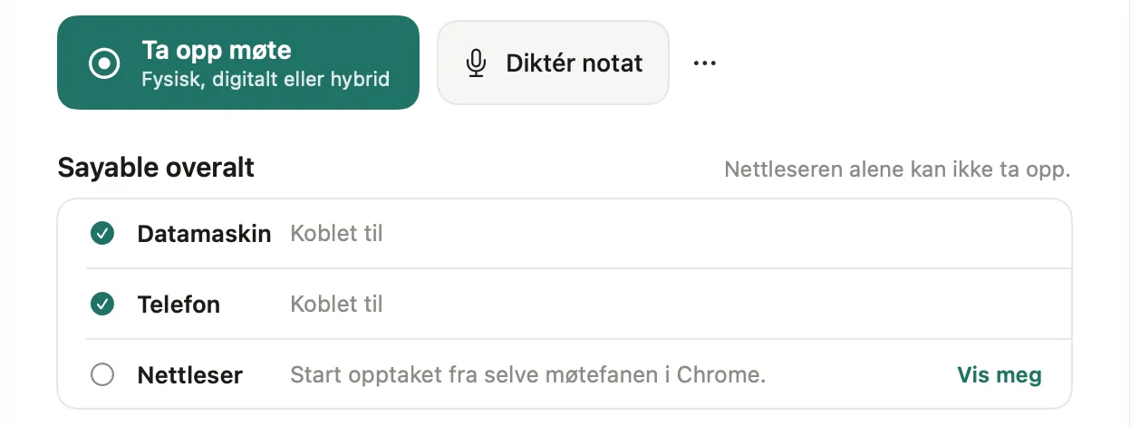 Hjem på Mac med knappene Ta opp møte og Diktér notat, og kortet Sayable overalt som viser at datamaskinen og telefonen er koblet til