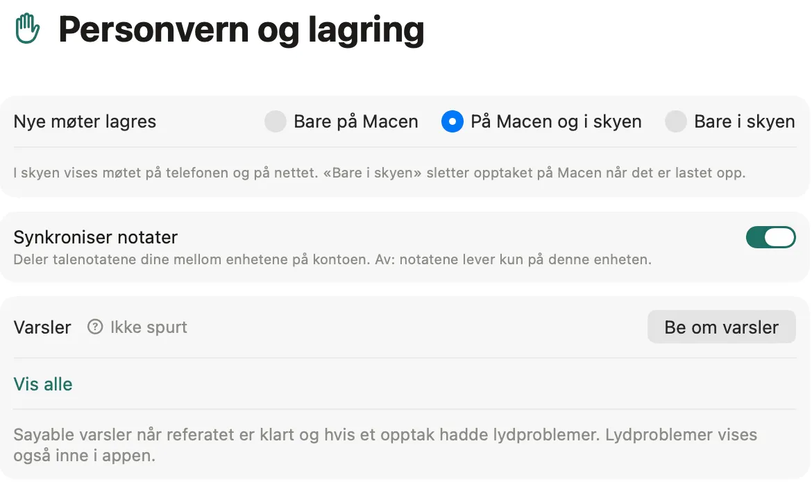 Personvern og lagring på Mac, der raden Varsler viser Ikke spurt og knappen Be om varsler