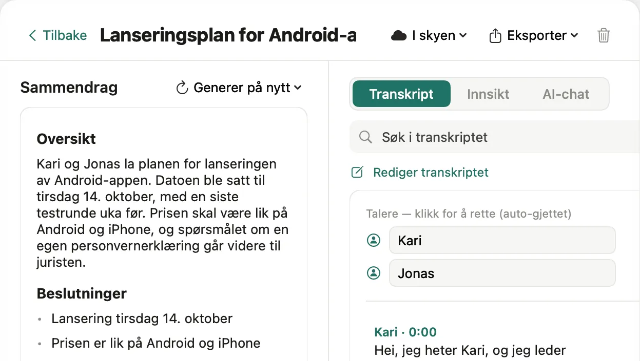 Et møte i Mac-appen med sammendraget til venstre og fanene Transkript, Innsikt og AI-chat til høyre