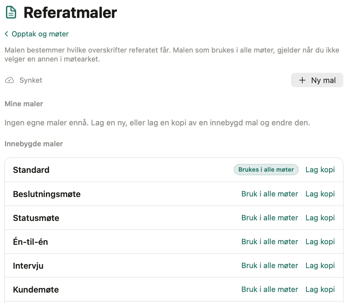 Referatmaler i Innstillinger på Mac med knappen Ny mal og de innebygde malene