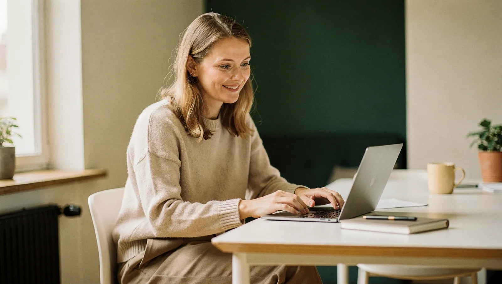 Kvinne ved lyst skrivebord sammenligner alternativer på laptopen med et fornøyd smil
