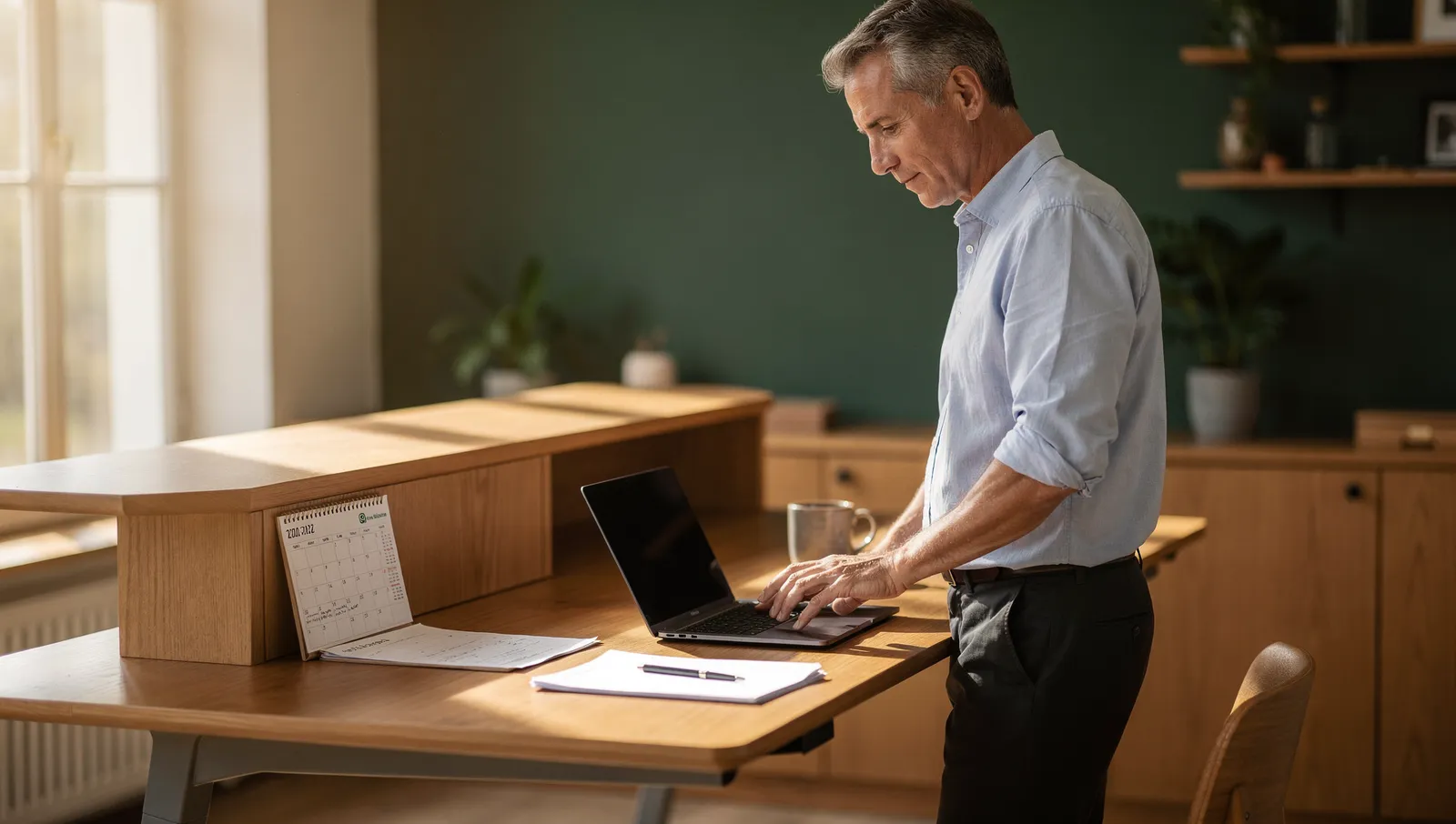 En mann skriver en e-post på en laptop med en papirkalender og en utskrevet agenda ved siden av