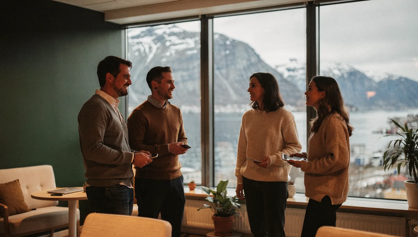 Kolleger i avslappet samtale ved et stort vindu med norsk fjord og fjell utenfor
