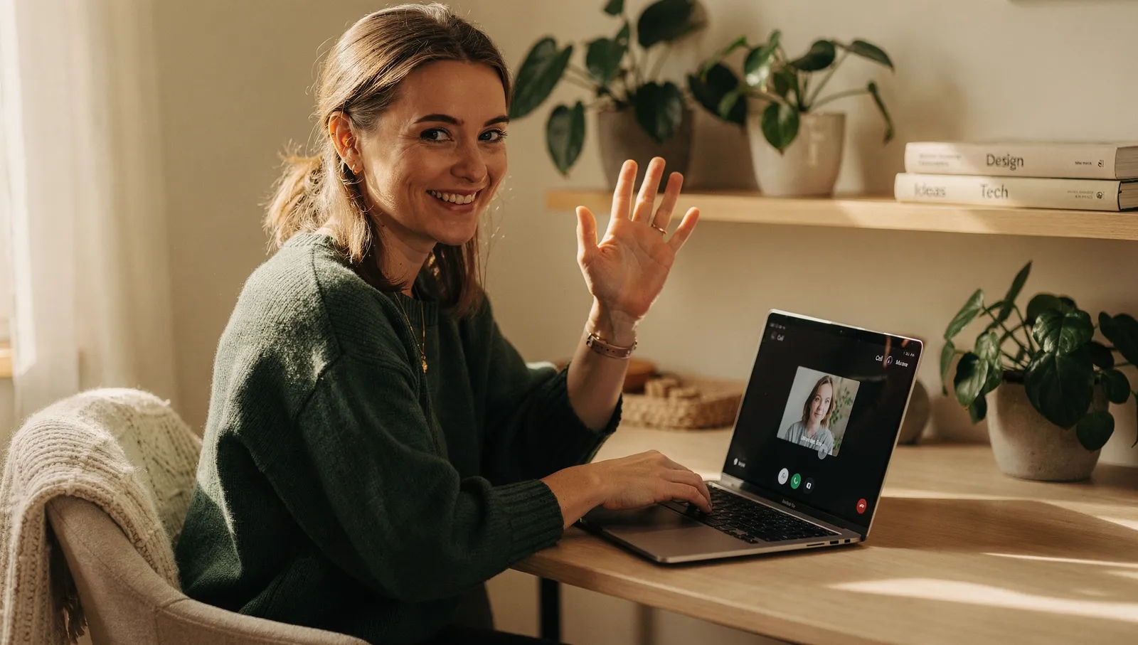 Blid kvinne på hjemmekontor vinker til laptopen i et videomøte