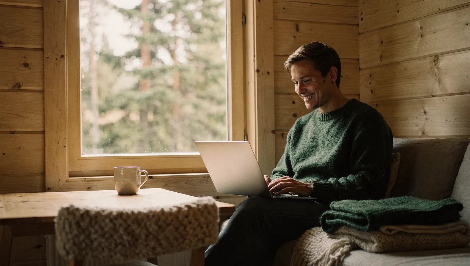 Person jobber fredelig med laptop på hytte ved vindu med skog utenfor